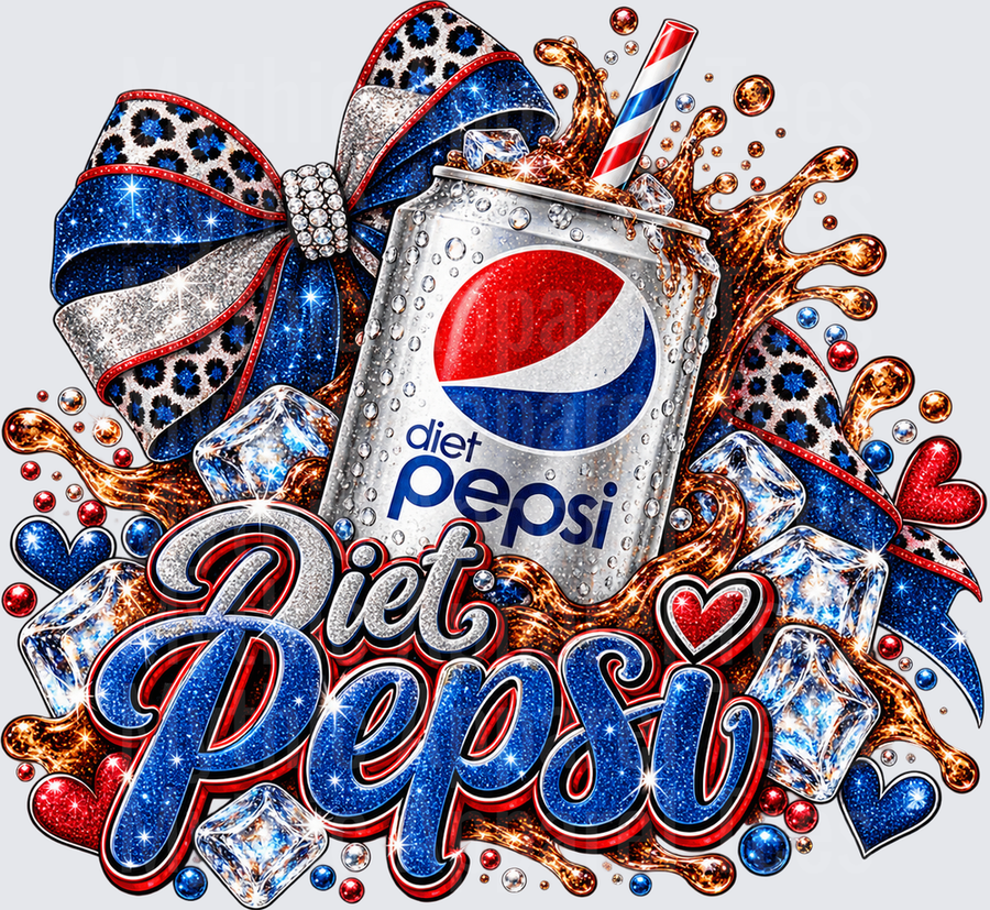 Diet Pepsi Glitter Can with Leopard Print Bow Ice Cubes and Cola Splash Rhinestone Bling Design