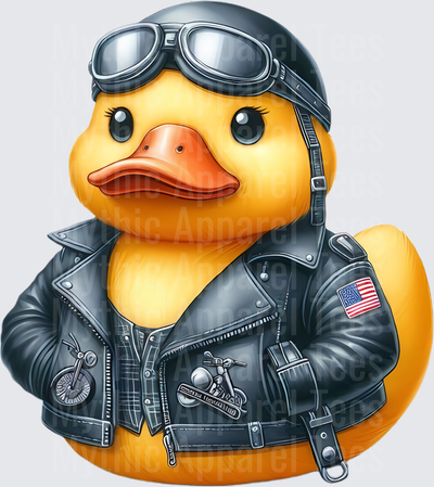 Rubber Duck in Uniform Biker Leather Jacket with Motorcycle Patches and Aviator Goggles