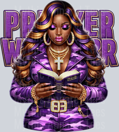 Girl with open bible 2 cross PW Purple Prayer Warrior DTF Religious Transfers