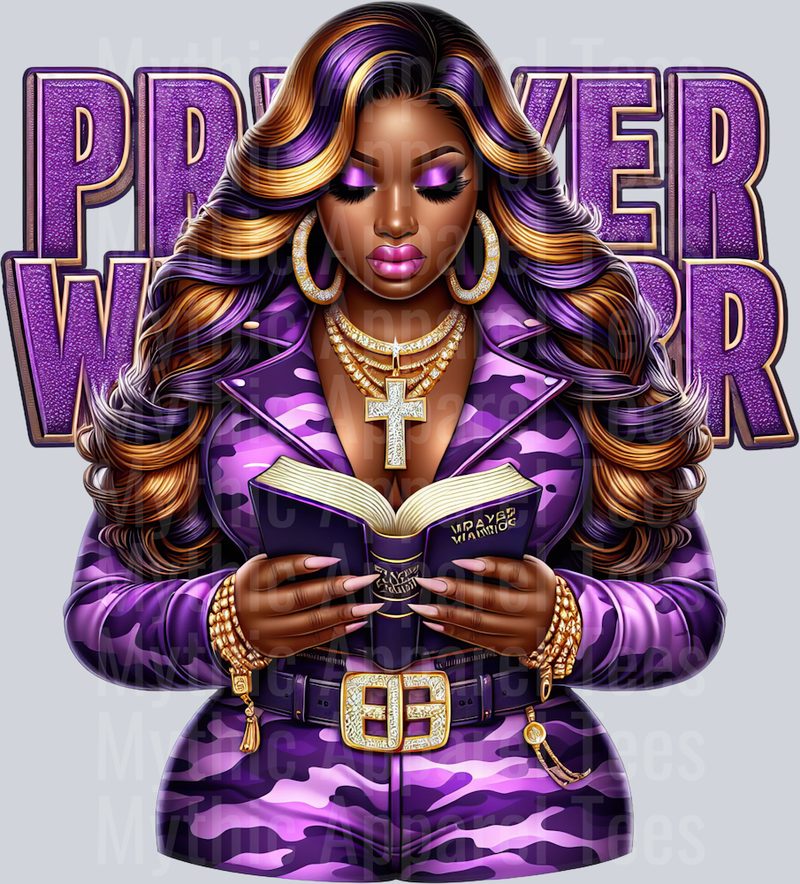 Girl with open bible 2 cross PW Purple Prayer Warrior DTF Religious Transfers
