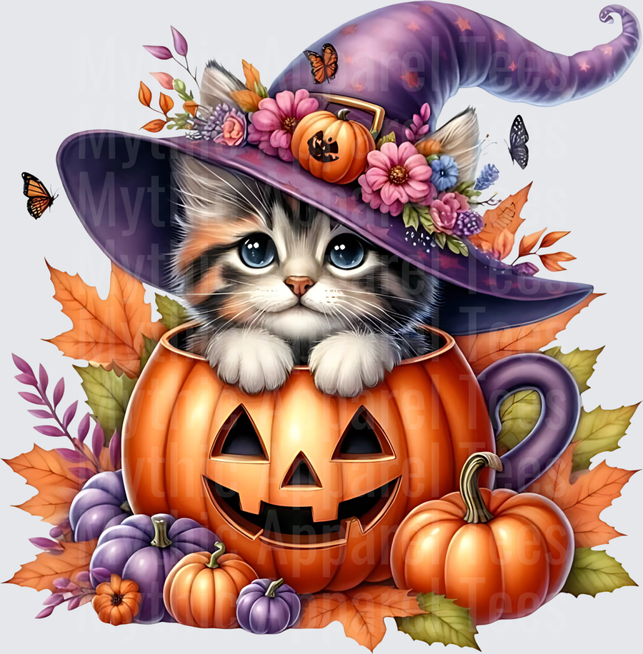 Cute Kitten Sitting Inside Jack-O-Lantern Wearing Floral Purple Witch Hat Surrounded by Fall Leaves and Pumpkins with Butterflies