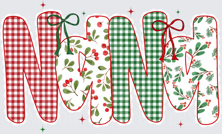 Christmas NANA Bold Letter Design with Red Buffalo Plaid Holly Berry and Green Gingham Patterns with Ribbon Bows and Sparkle Accents