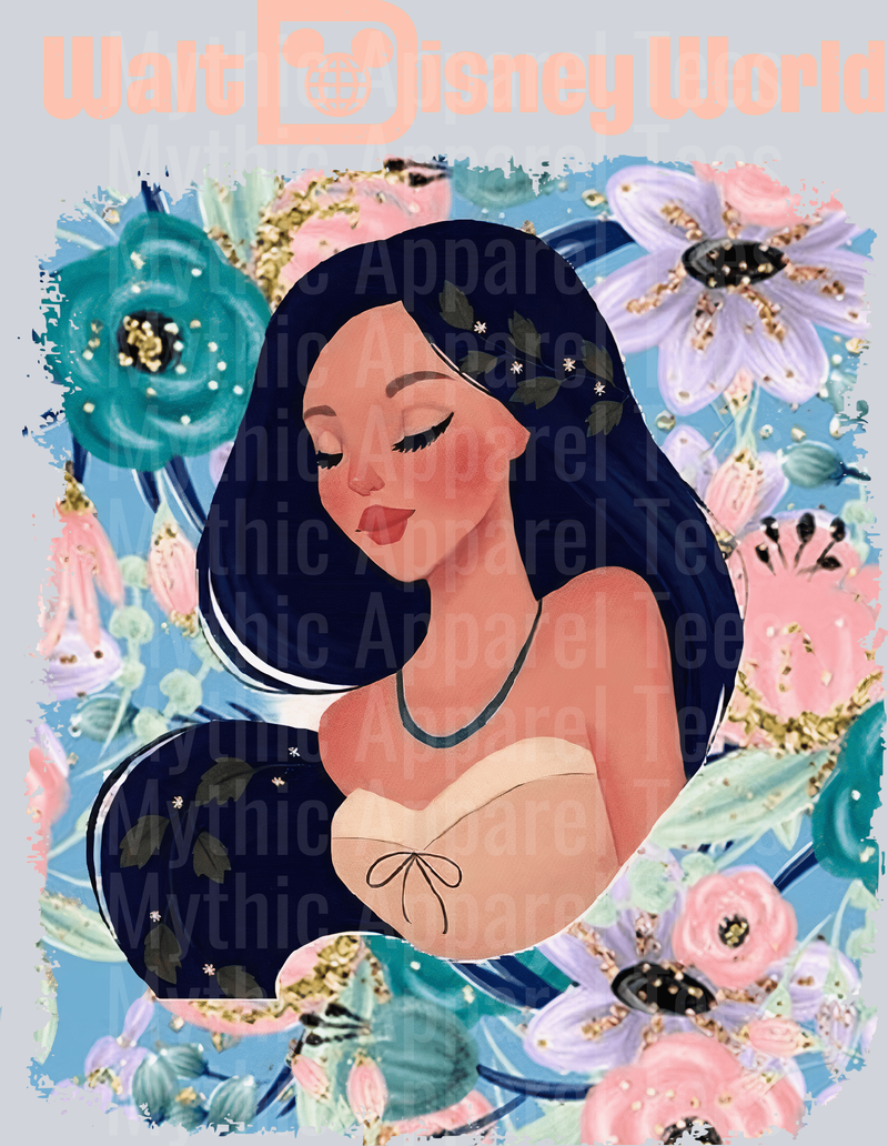 Pocahontas with flowers and walt Disney World Portrait DTF Disney Transfers