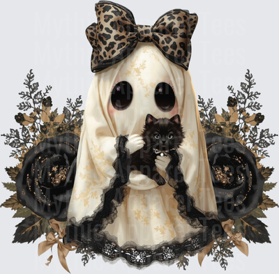 Halloween Cute Ghost Girl Leopard Bow Black Cat Floral