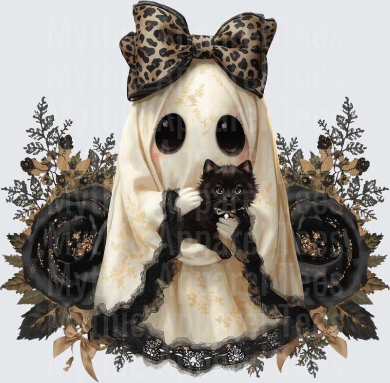 Halloween Cute Ghost Girl Leopard Bow Black Cat Floral