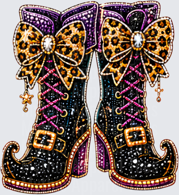 Halloween Bling Glam Witch Boots with Leopard Print Bows Pink Laces Gold Buckles and Jeweled Embellishments