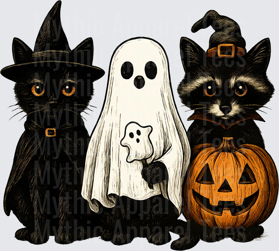 Witch Cat Ghost Raccoon Trio with Jack-o-Lantern Halloween Spooky Cute Animals
