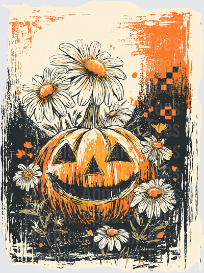 Distressed Halloween Jack-O-Lantern Surrounded by Wild Daisies Grunge Vintage Floral Pumpkin