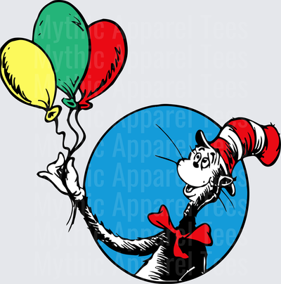 Dr. Seuss Cat in the Hat Holding Colorful Red Green Yellow Balloons Blue Circle Background