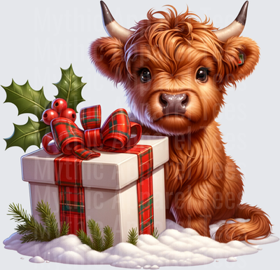 Highland Christmas Cow Calf With Plaid Gift Box and Holly Snow