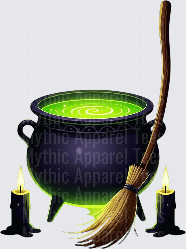 Witch Cauldron Bubbling Green Potion with Broomstick and Black Candles Halloween
