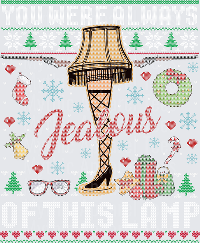 A Christmas Story Leg Lamp Jealous Ugly Sweater Style Holiday Design with Snowflakes Stockings and Festive Icons