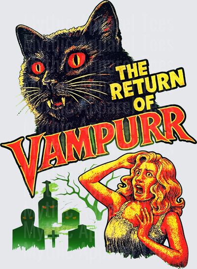 The Return of Vampurr Retro Horror Movie Parody Black Cat with Red Eyes Screaming Woman and Graveyard Monsters Vintage B-Movie Style