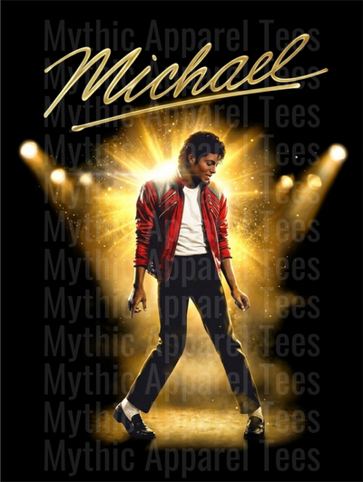 Michael Jackson King of Pop Golden Stage Spotlight Red Thriller Jacket Dance Pose Script Name Graphic