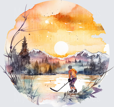 Ice Hockey Player Watercolor Sunset Mountain Pond Scene