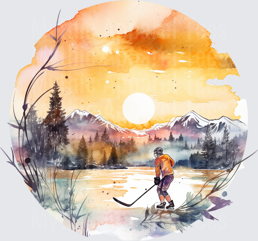 Ice Hockey Player Watercolor Sunset Mountain Pond Scene