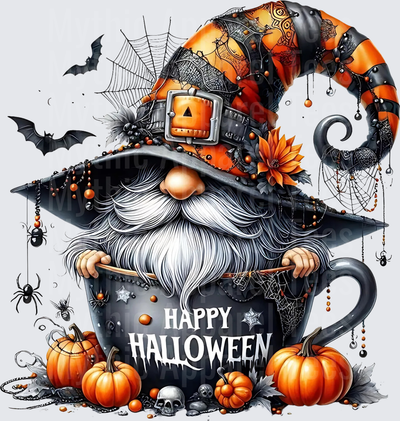 Happy Halloween Witch Gnome Peeking Over Black Mug with Pumpkins Bats and Spiders Orange Black Striped Witch Hat