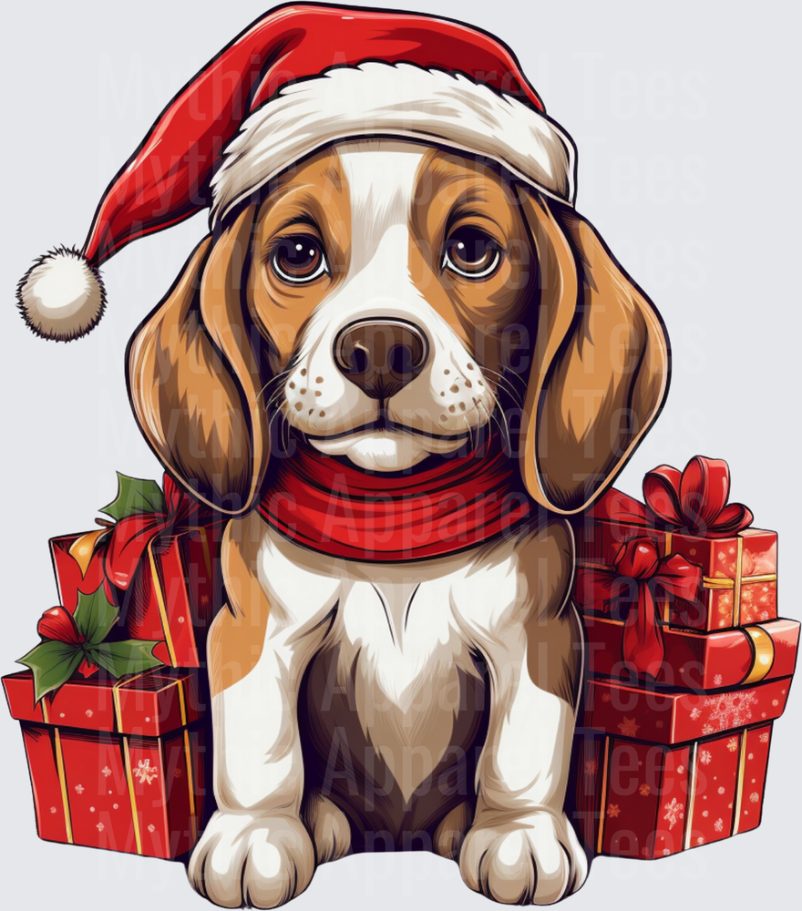 Beagle Puppy Santa Hat Red Scarf Surrounded by Christmas Gift Boxes Holiday