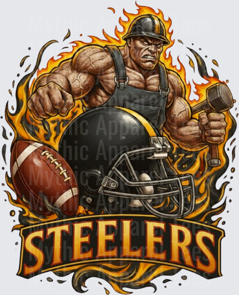 Pittsburgh Steelers Fierce Ironworker Mascot with Sledgehammer Football Helmet and Flames