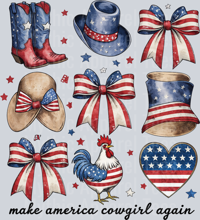 Boots Hat chicken Bow Heart Make America Cowgirl Again Red White and Blue DTF Western Patriotic Transfers