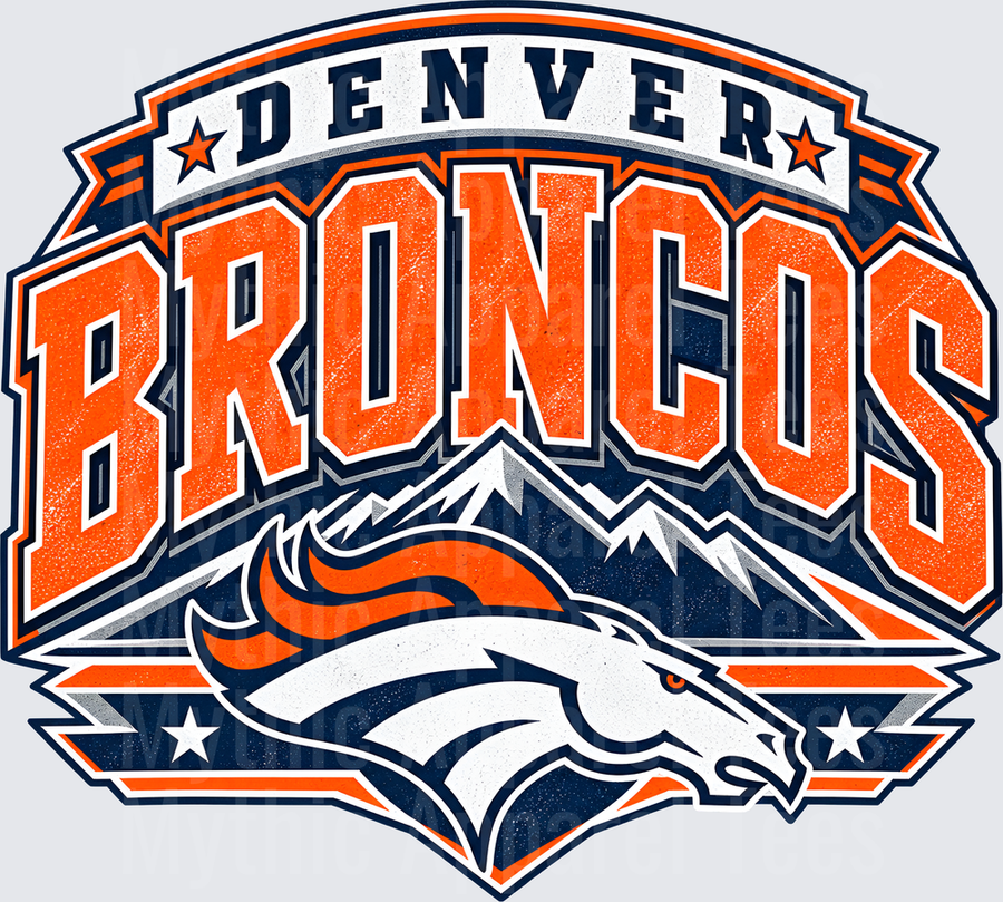 Denver Broncos Bold Shield Logo with Running Horse and Mountain Silhouette in Orange and Navy