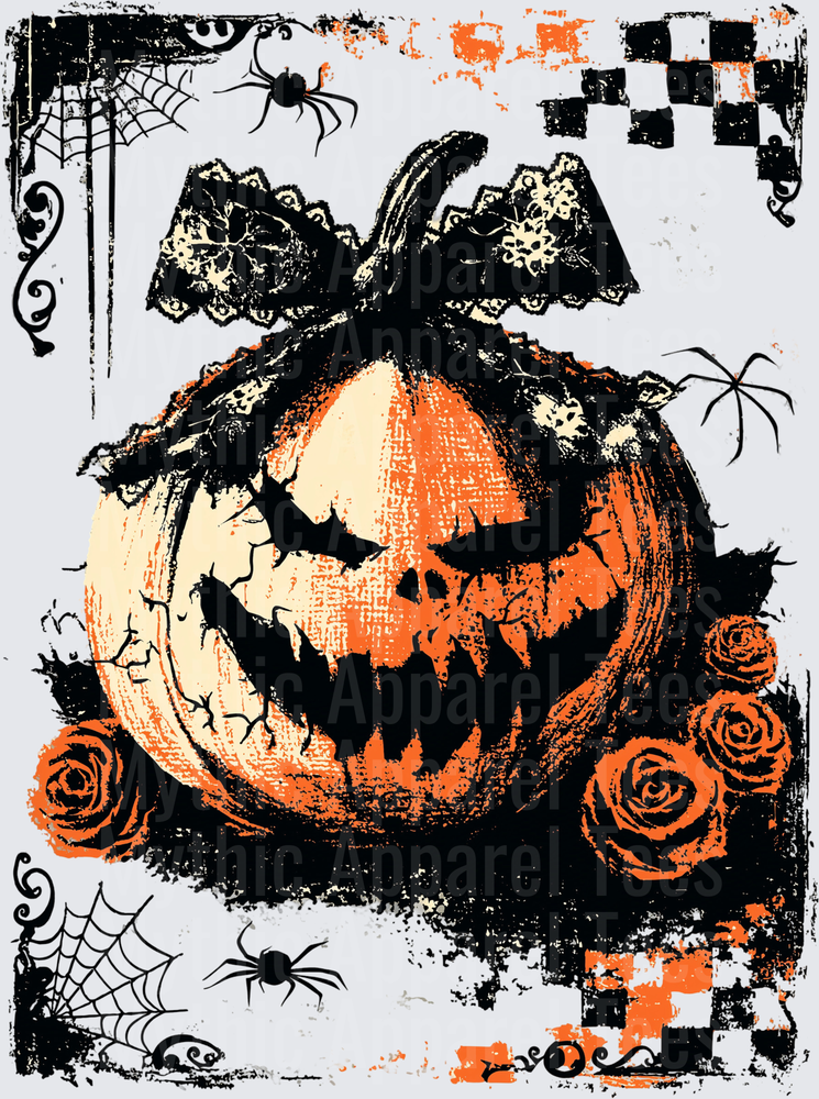 Distressed Halloween Wicked Jack-O-Lantern with Lace Bow Roses and Spiderwebs Grunge Design