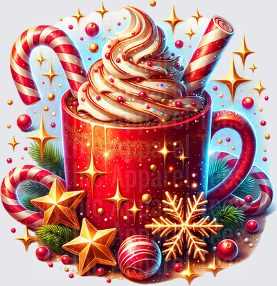Festive Christmas Hot Cocoa Red Mug with Whipped Cream Candy Canes Gold Stars and Snowflakes Holiday Sparkle