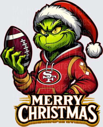 Grinch Santa Hat San Francisco 49ers Hoodie Holding Football Merry Christmas