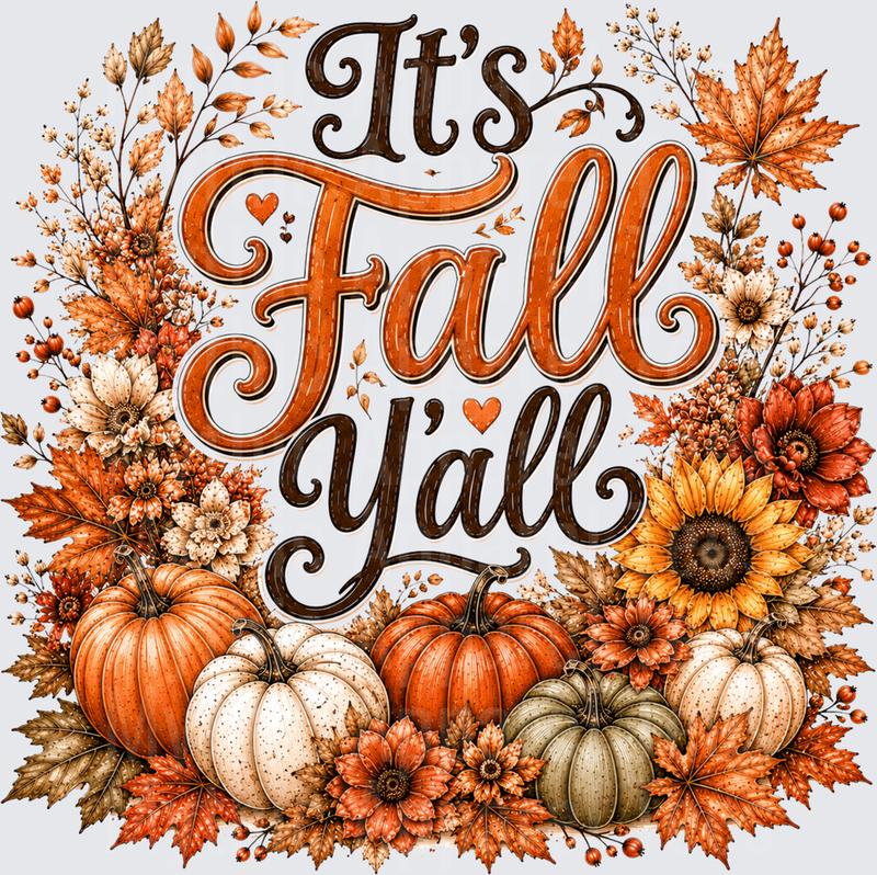 It's Fall Y'all Autumn Pumpkins Sunflowers and Maple Leaves Floral Harvest Typography