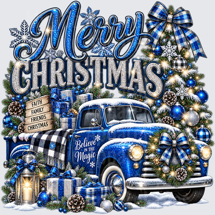 Christmas Merry Christmas Blue Glitter Vintage Truck Believe In The Magic Faith Family Friends Buffalo Plaid Bow Snowflakes Holiday Design