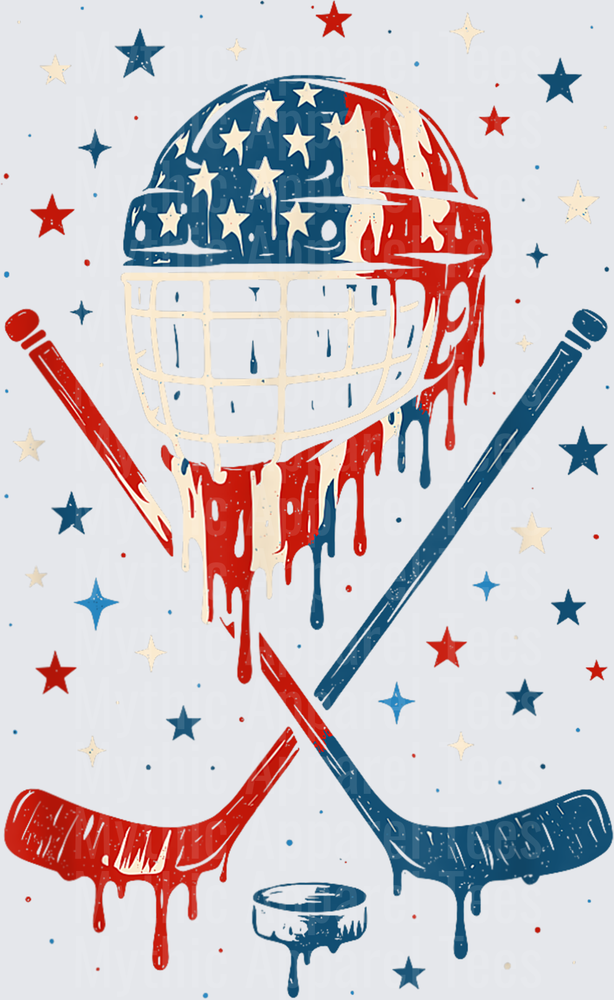 Ice Hockey Patriotic American Flag Drip Helmet Crossed Sticks