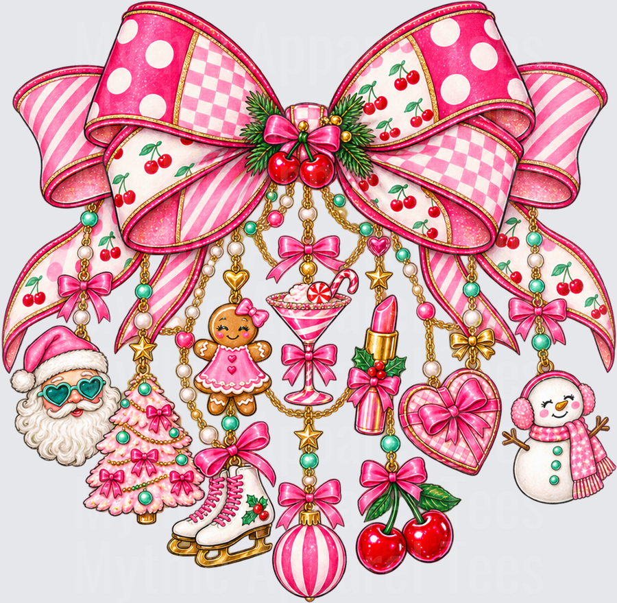 Pink Coquette Christmas Bow with Dangling Holiday Charms Santa Gingerbread Girl Snowman Ice Skates Cherries and Cocktail