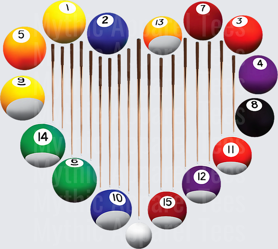 Billiard Pool Balls Heart Shape with Cue Sticks Full Set 1-15 Love Pool