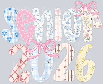 Senior 2026 Pastel Floral Patchwork Letters with lace Bow T-Shirt