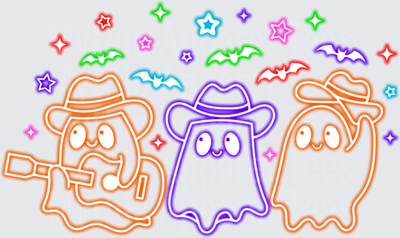 Halloween Neon Cowboy Ghost Trio with Bats and Stars