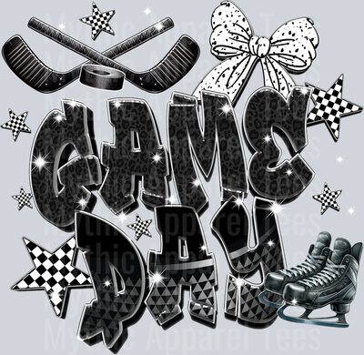 Game day glitter bow with sticks and pucks cute DTF Sports Transfers