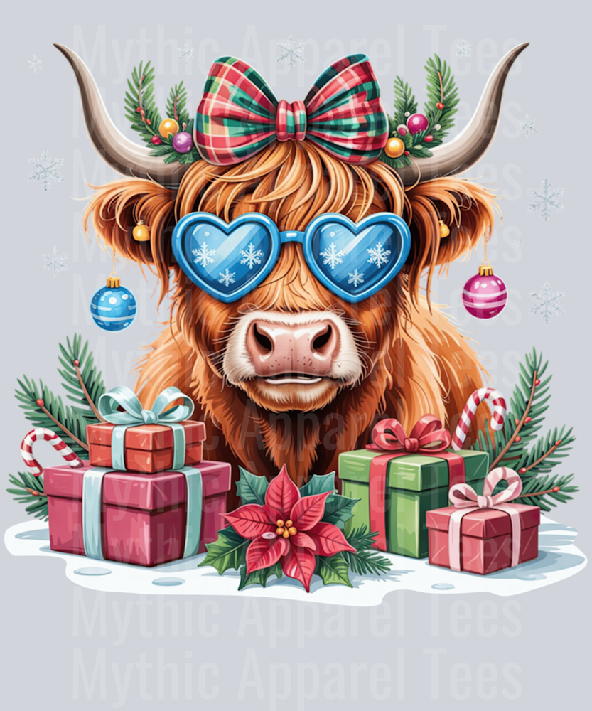 Christmas Highland Cow Coquette Bow Xmas Holiday Women Girls Long Sleeve T-Shirt