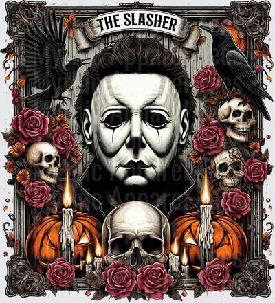 The Slasher Michael Myers Halloween Mask Gothic Portrait with Skulls Ravens Red Roses Jack-O-Lanterns and Candles