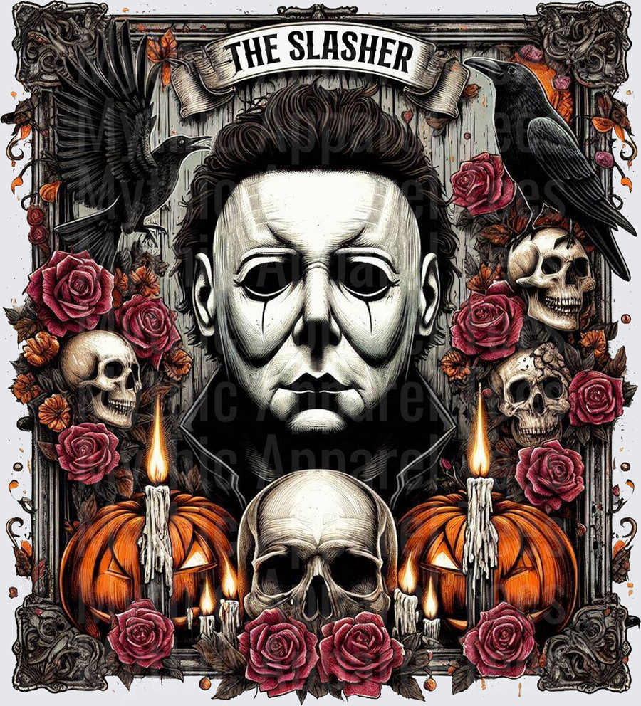 The Slasher Michael Myers Halloween Mask Gothic Portrait with Skulls Ravens Red Roses Jack-O-Lanterns and Candles