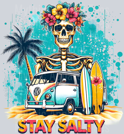 Stay salty beach with palm tree surfboards DTF Skull Transfers