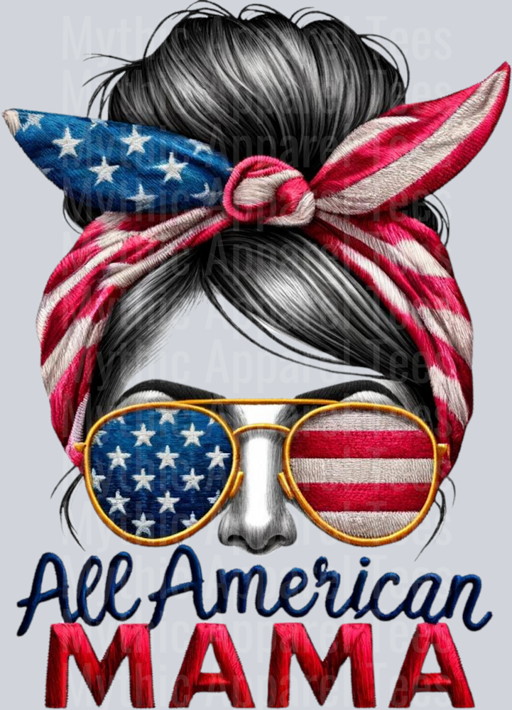 All American Mama Messy Bun 4th of July Patriotic Transfers 4