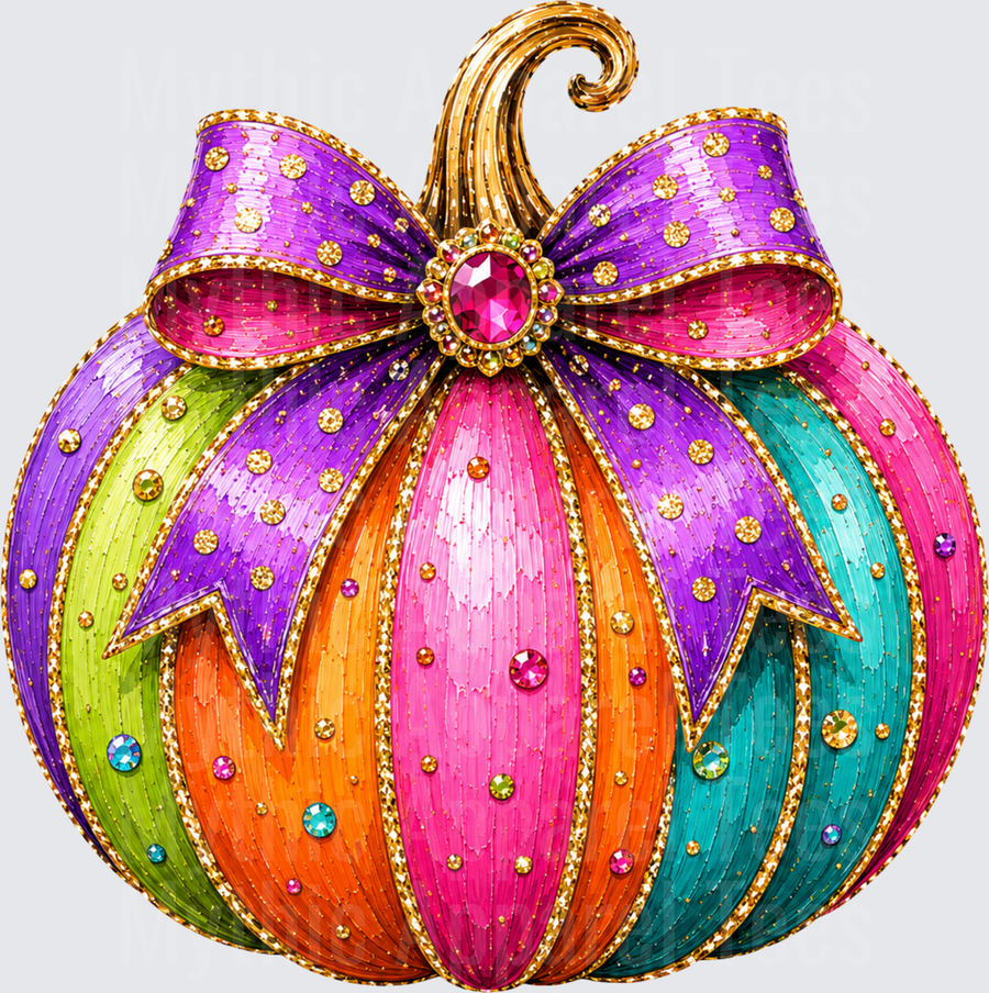 Halloween Glam Jeweled Pumpkin with Colorful Stripes and Purple Bow