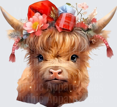 Highland Christmas Cow with Red Bow Floral Crown and Horns