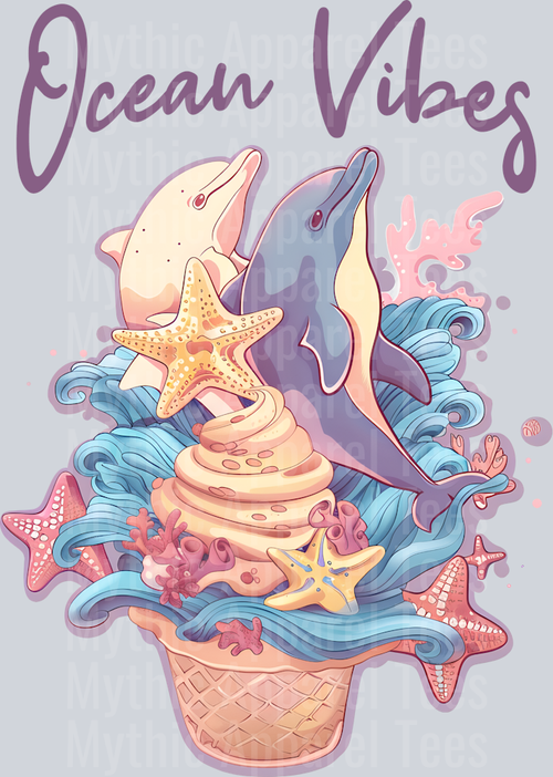 Ocean Vibes dolphins ice cream cone waves DTF Summer Transfers