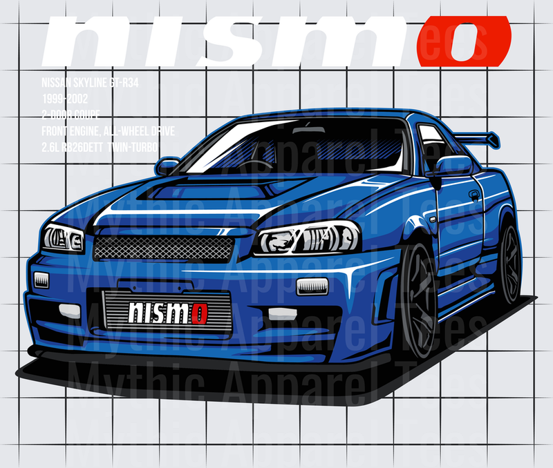 Drifting and Muscle Cars Blue Nissan Skyline R34 GT-R Nismo Illustration