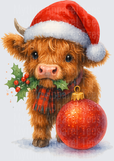 Highland Christmas Cow Santa Hat Holly Ornament Watercolor