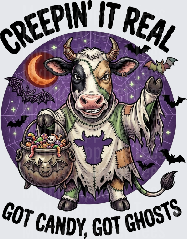 Creepin It Real Got Candy Got Ghosts Frankenstein Halloween Cow with Cauldron Candy Bucket Bats and Blood Moon