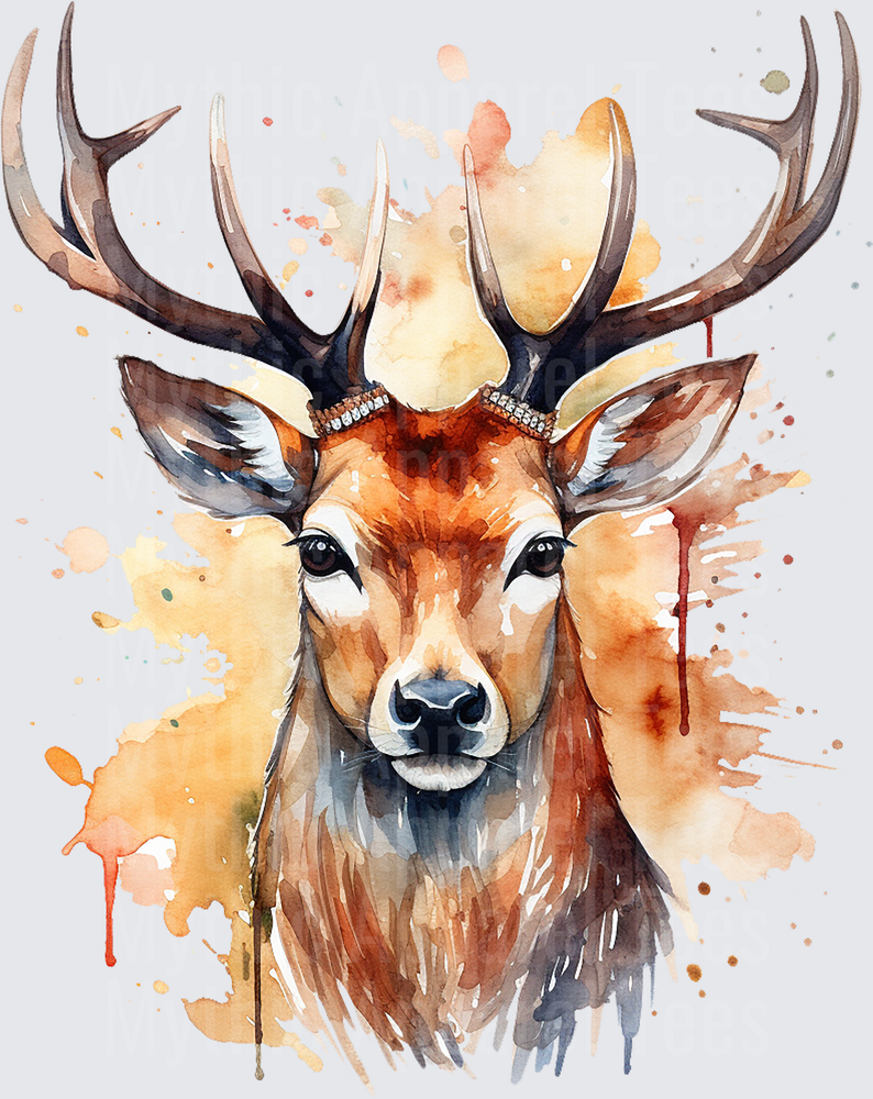 Watercolor Buck Portrait with Crown and Paint Splash Background