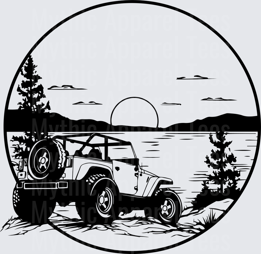 Off Road Jeep Wrangler Lakeside Sunset Circle Scene