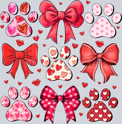Red Bows Paw Prints Valentines Day DTF Dog Transfers